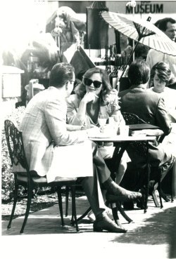 A candid shot taken during the filming of the scene at Marie Callender's from And the Flesh Was Made Word